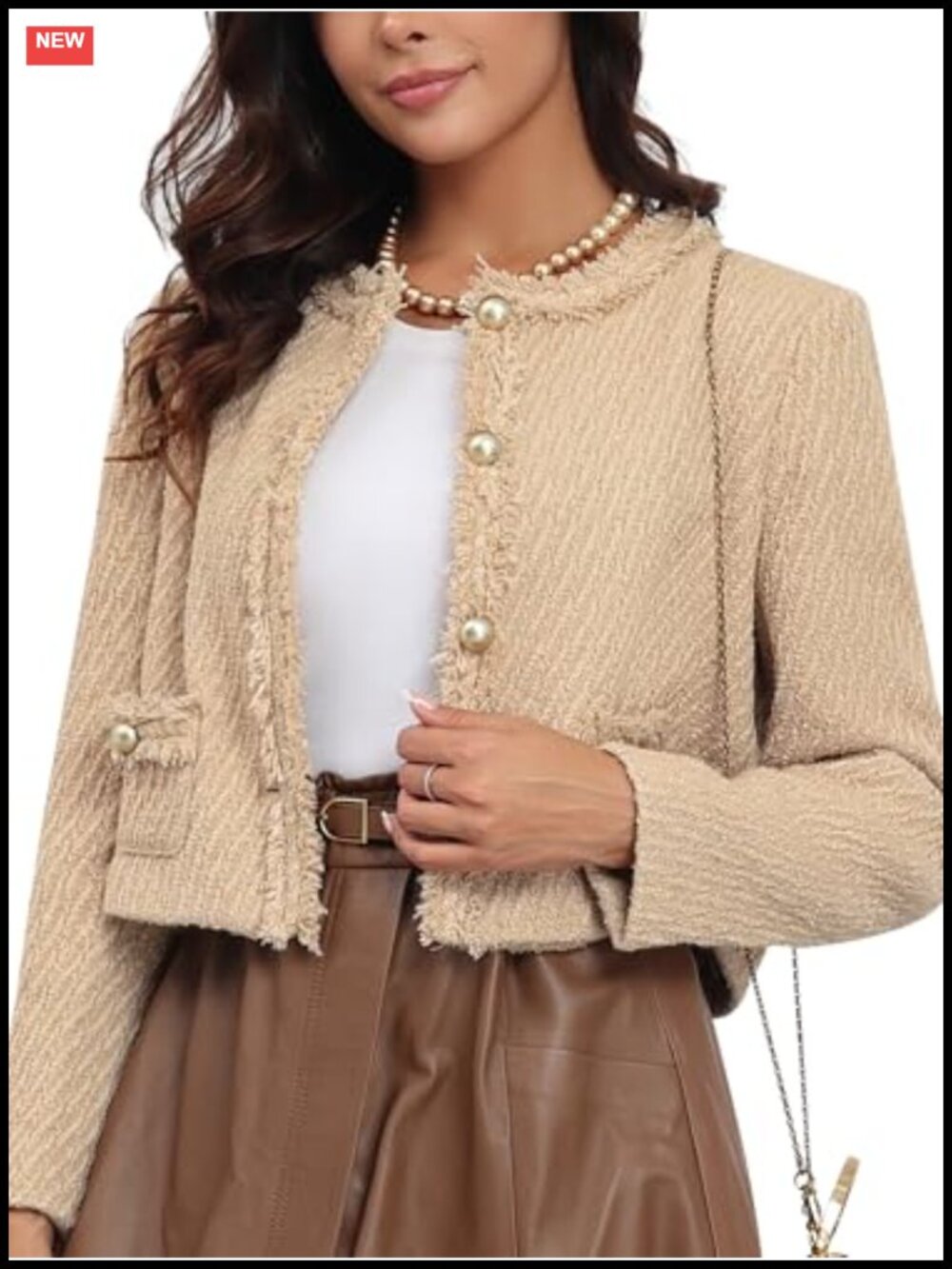 Tweed Blazer Jacket Women Cropped Long Sleeve Button Business Casual